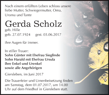 Traueranzeige von Gerda Scholz von Mitteldeutsche Zeitung Aschersleben
