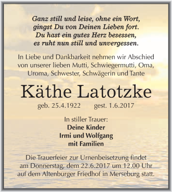 Traueranzeige von Käthe Latotzke von WVG - Wochenspiegel Merseburg