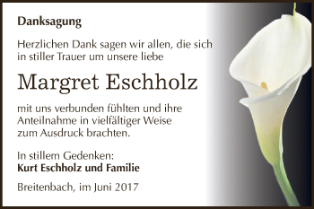 Traueranzeige von Margret Eschholz von Super Sonntag SGH Mansf. Land