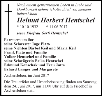 Traueranzeige von Helmut Herbert Hentschel von Super Sonntag Aschersleben