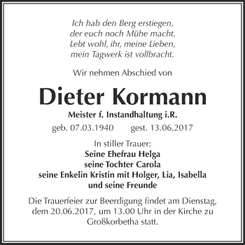 Traueranzeige von Dieter Kormann von Super Sonntag Merseburg