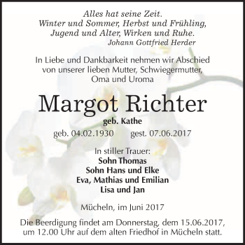 Traueranzeige von Margot Richter von WVG - Wochenspiegel Merseburg