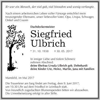 Traueranzeige von Siegfried Ulbrich von Wochenspiegel Mansfelder Land
