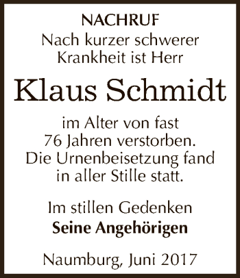 Traueranzeige von Klaus Schmidt von WVG - Wochenspiegel NMB / WSF / ZTZ