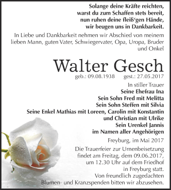 Traueranzeige von Walter Gesch von WVG - Wochenspiegel NMB / WSF / ZTZ
