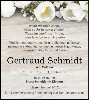 Traueranzeige von Gertraud Schmidt von Super Sonntag Merseburg
