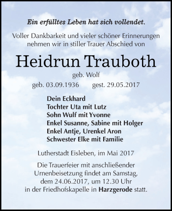 Traueranzeige von Heidrun Trauboth von Super Sonntag SGH Mansf. Land