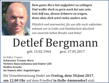 Traueranzeige von Detlef Bergmann von Mitteldeutsche Zeitung Halle/Saalkreis
