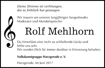 Traueranzeige von Rolf Mehlhorn von Mitteldeutsche Zeitung Quedlinburg