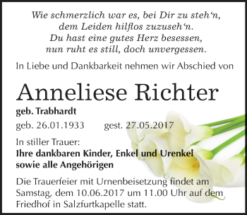 Traueranzeige von Anneliese Richter von Mitteldeutsche Zeitung Bitterfeld
