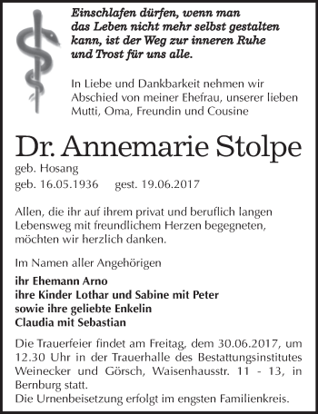 Traueranzeige von Annemarie Stolpe von Mitteldeutsche Zeitung Bernburg