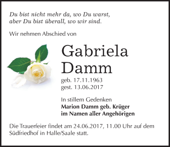 Traueranzeige von Gabriela Damm von Mitteldeutsche Zeitung Halle/Saalkreis