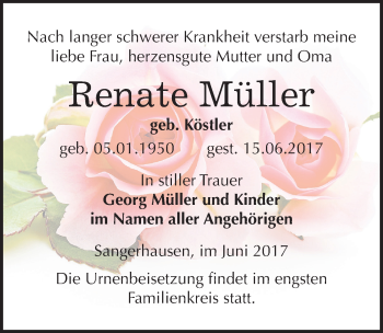 Traueranzeige von Renate Müller von Mitteldeutsche Zeitung Sangerhausen