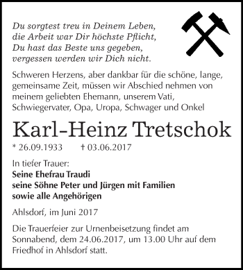 Traueranzeige von Karl-Heinz Tretschok von Wochenspiegel Mansfelder Land