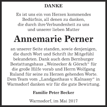 Traueranzeige von Annemarie Perner von Super Sonntag Bernburg