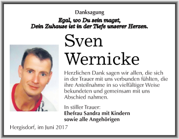 Traueranzeige von Sven Wernicke von Wochenspiegel Mansfelder Land
