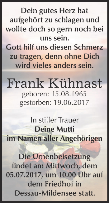 Traueranzeige von Frank Kühnast von WVG - Wochenspiegel Dessau / Köthen