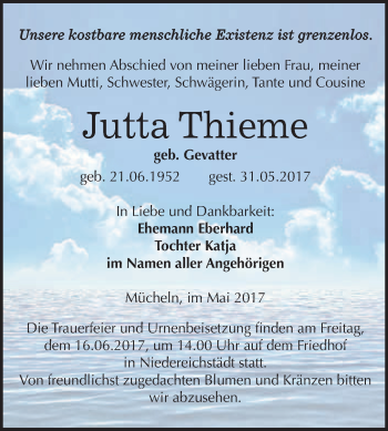 Traueranzeige von Jutta Thieme von WVG - Wochenspiegel Merseburg