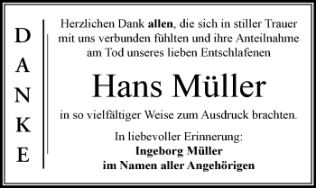 Traueranzeige von Hans Müller von Mitteldeutsche Zeitung Dessau-Roßlau