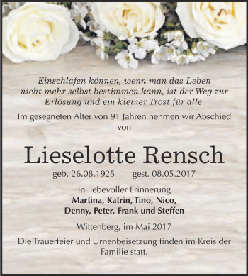 Traueranzeige von Lieselotte Rensch von WVG - Wochenspiegel Wittenberg