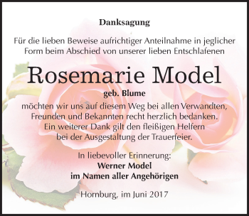 Traueranzeige von Rosemarie Model von Mitteldeutsche Zeitung Mansfelder Land