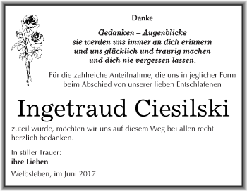 Traueranzeige von Ingetraud Ciesilski von Super Sonntag SGH Mansf. Land