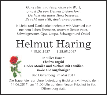 Traueranzeige von Helmut Haring von Super Sonntag Merseburg