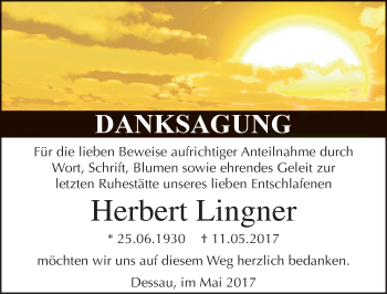 Traueranzeige von Herbert Lingner von Mitteldeutsche Zeitung Dessau-Roßlau