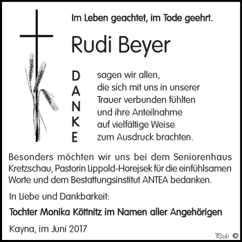 Traueranzeige von Rudi Beyer von Super Sonntag Zeitz