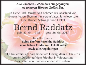 Traueranzeige von Bernd Raddatz von Mitteldeutsche Zeitung Mansfelder Land