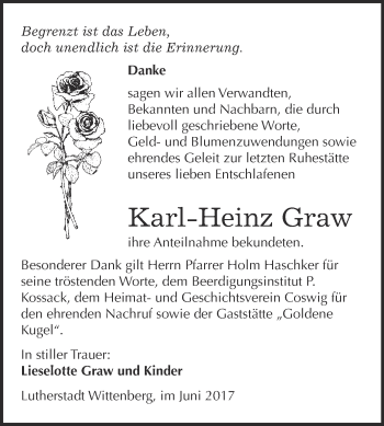 Traueranzeige von Karl-Heinz Graw von Super Sonntag Wittenberg