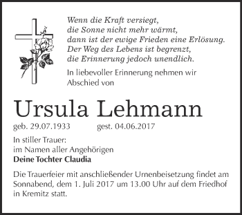 Traueranzeige von Ursula Lehmann von WVG - Wochenspiegel Wittenberg
