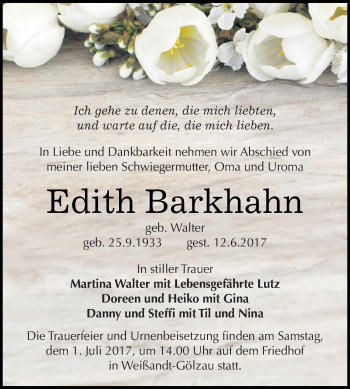 Traueranzeige von Edith Barkhahn von WVG - Wochenspiegel Dessau / Köthen