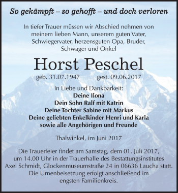 Traueranzeige von Horst Peschel von Mitteldeutsche Zeitung Naumburg/Nebra