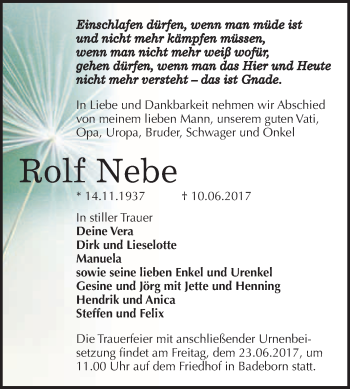 Traueranzeige von Rolf Nebe von WVG - Wochenspiegel Quedlinburg
