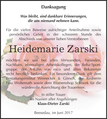Traueranzeige von Heidemarie Zarski von Super Sonntag Bernburg