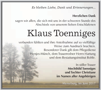 Traueranzeige von Klaus Toenniges von WVG - Wochenspiegel Merseburg