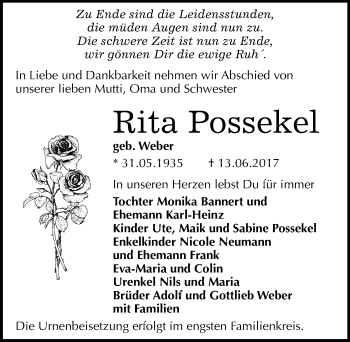 Traueranzeige von Rita Possekel von Mitteldeutsche Zeitung Bitterfeld