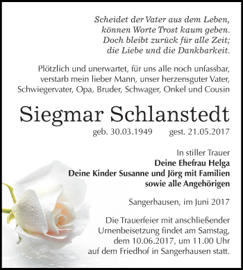 Traueranzeige von Siegmar Schlanstedt von Super Sonntag SGH Mansf. Land