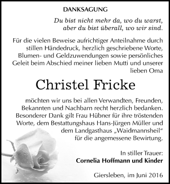 Traueranzeige von Christel Fricke von Mitteldeutsche Zeitung Aschersleben