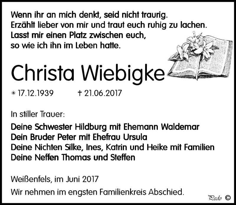  Traueranzeige für Christa Wiebigke vom 24.06.2017 aus Mitteldeutsche Zeitung Weißenfels