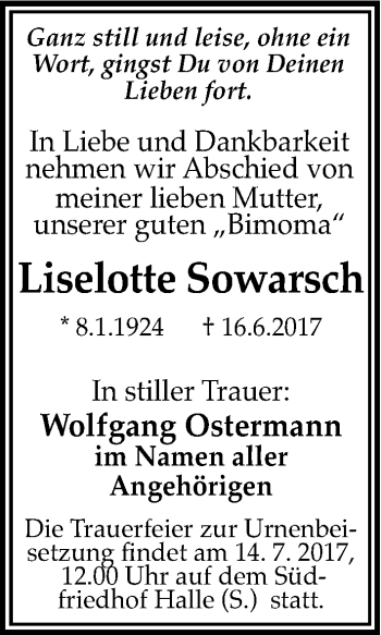 Traueranzeige von Liselotte Sowarsch von Mitteldeutsche Zeitung Halle/Saalkreis