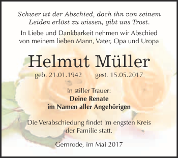 Traueranzeige von Helmut Müller von Super Sonntag Quedlinburg