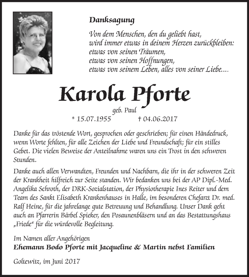  Traueranzeige für Karola Pforte vom 24.06.2017 aus WVG - Wochenspiegel Wittenberg