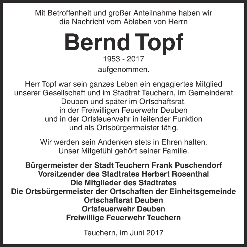  Traueranzeige für Bernd Topf vom 21.06.2017 aus WVG - Wochenspiegel NMB / WSF / ZTZ