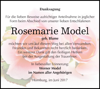 Traueranzeige von Rosemarie Model von Wochenspiegel Mansfelder Land
