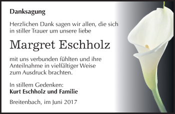 Traueranzeige von Margret Eschholz von Mitteldeutsche Zeitung Sangerhausen
