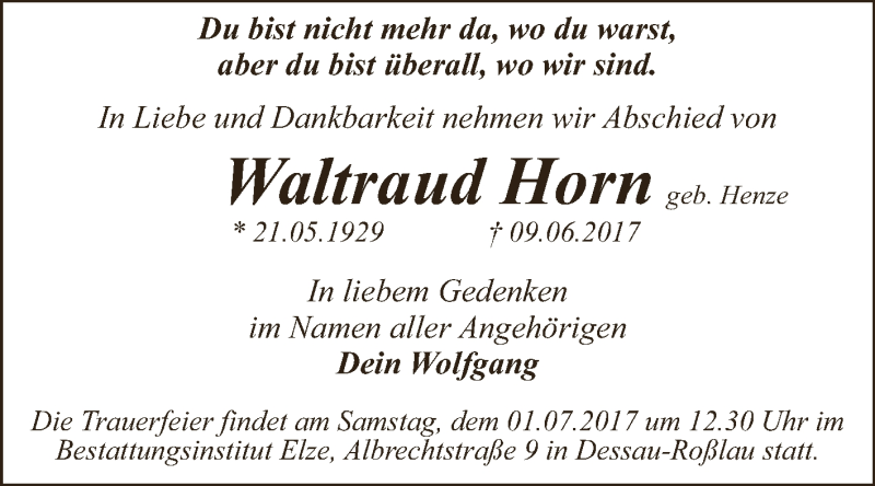  Traueranzeige für Waltraud Horn vom 17.06.2017 aus WVG - Wochenspiegel Dessau / Köthen