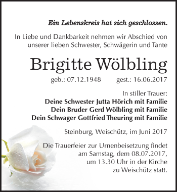 Traueranzeige von Brigitte Wölbling von Mitteldeutsche Zeitung Naumburg/Nebra