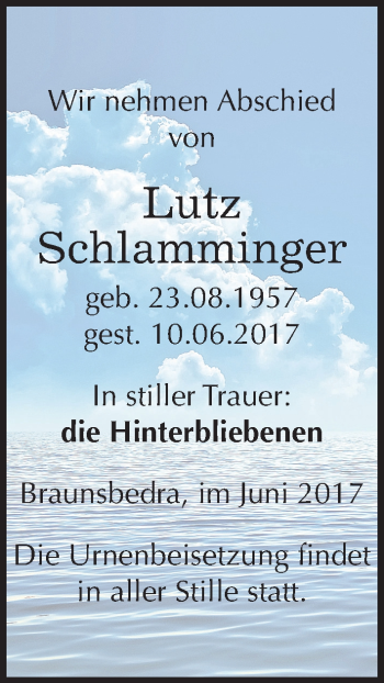 Traueranzeige von Lutz Schlamminger von Mitteldeutsche Zeitung Merseburg/Querfurt